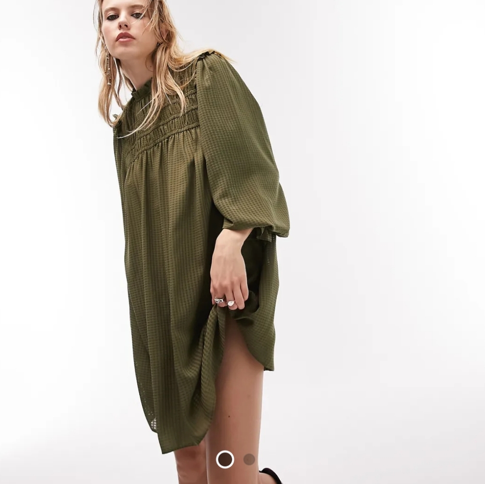 NWT Topshop Green Long Sleeve Smock Babydoll Mini Dress